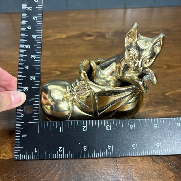 Vintage Brass Cat in Boot Figurine Solid Brass Kitten Sculpture for Cat Lover - Picture 13 of 15